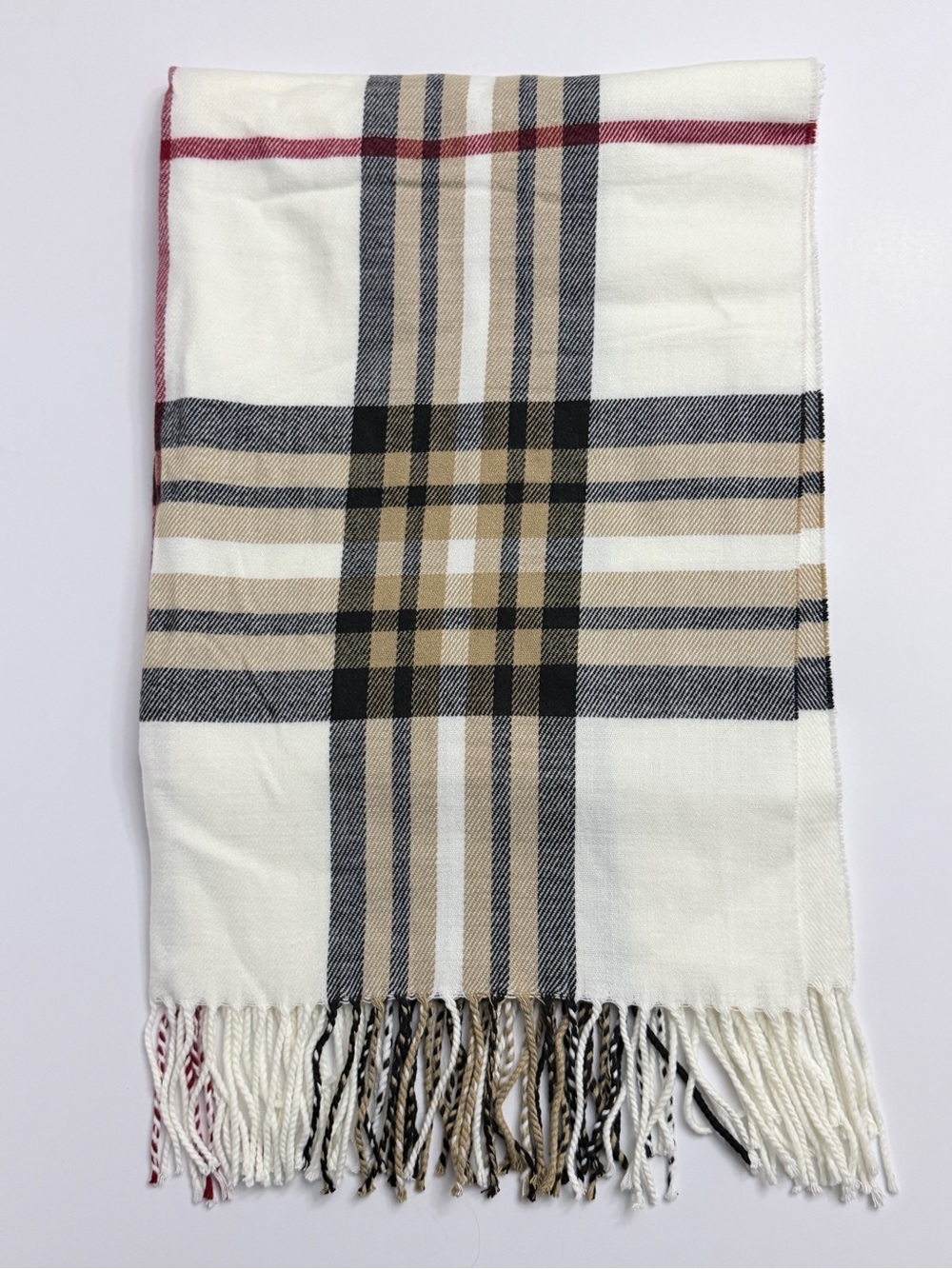 100% Cashmere Made in Scotland Plaid Fringe Scarf Cream Tan Red